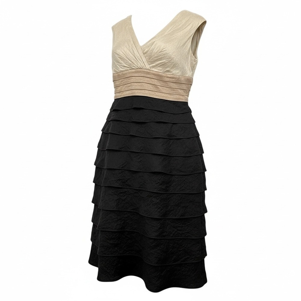 Maggy L Champagne Gold‎ Black Tiered Ruffle V Neck Sleeveless Midi Dress Size 8